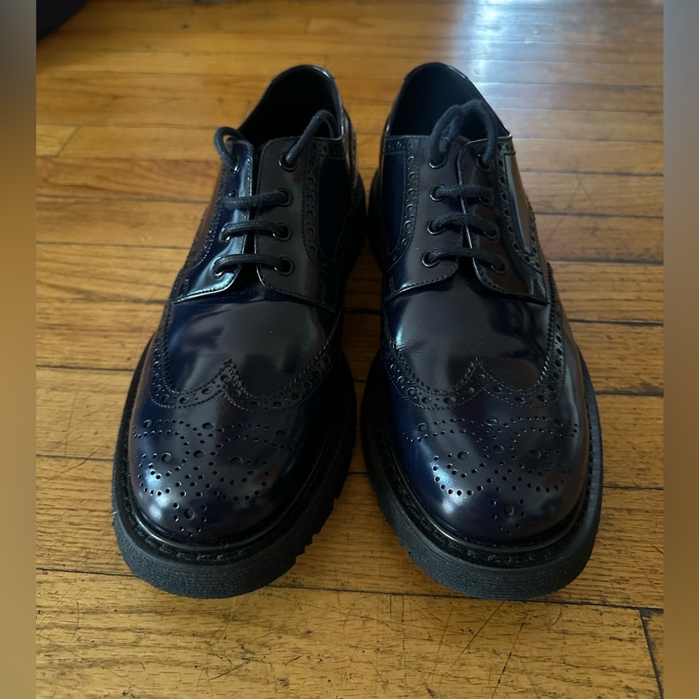 PRADA calzature uomo spazzolato fume leather derby , size 9.5